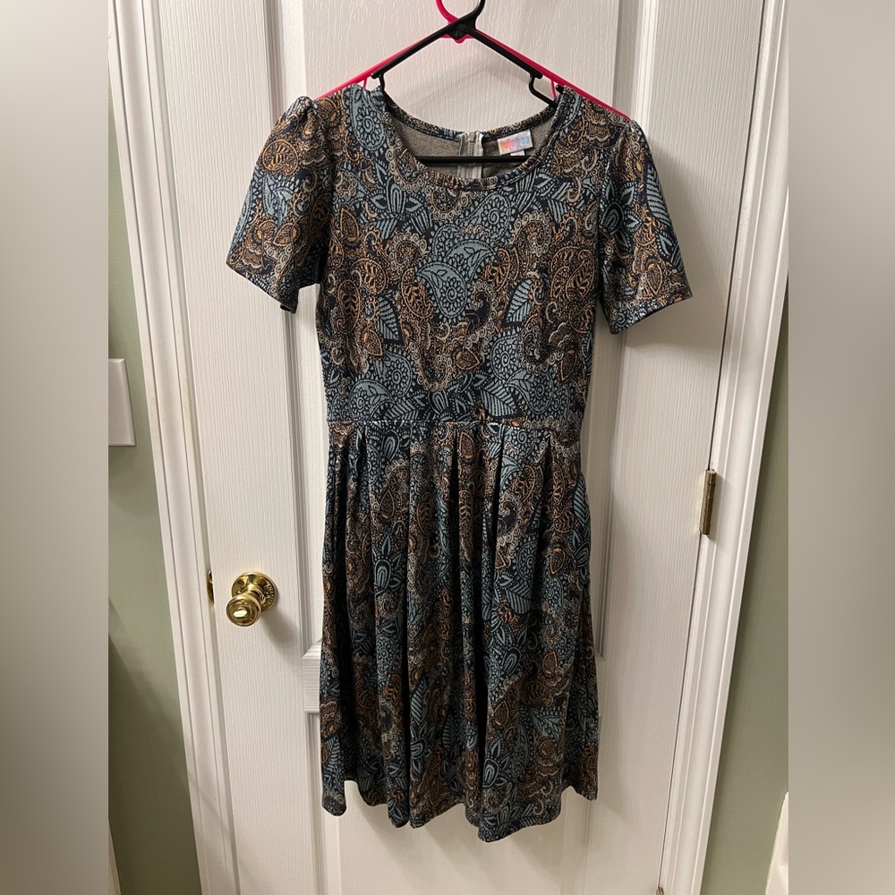 LuLaRoe Amelia Navy and Tan Paisley Dress “UNICORN”- popular dress